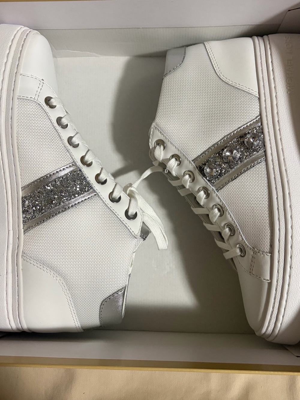 Michael Kors White High-Top Sneakers with Silver Glitter Accent